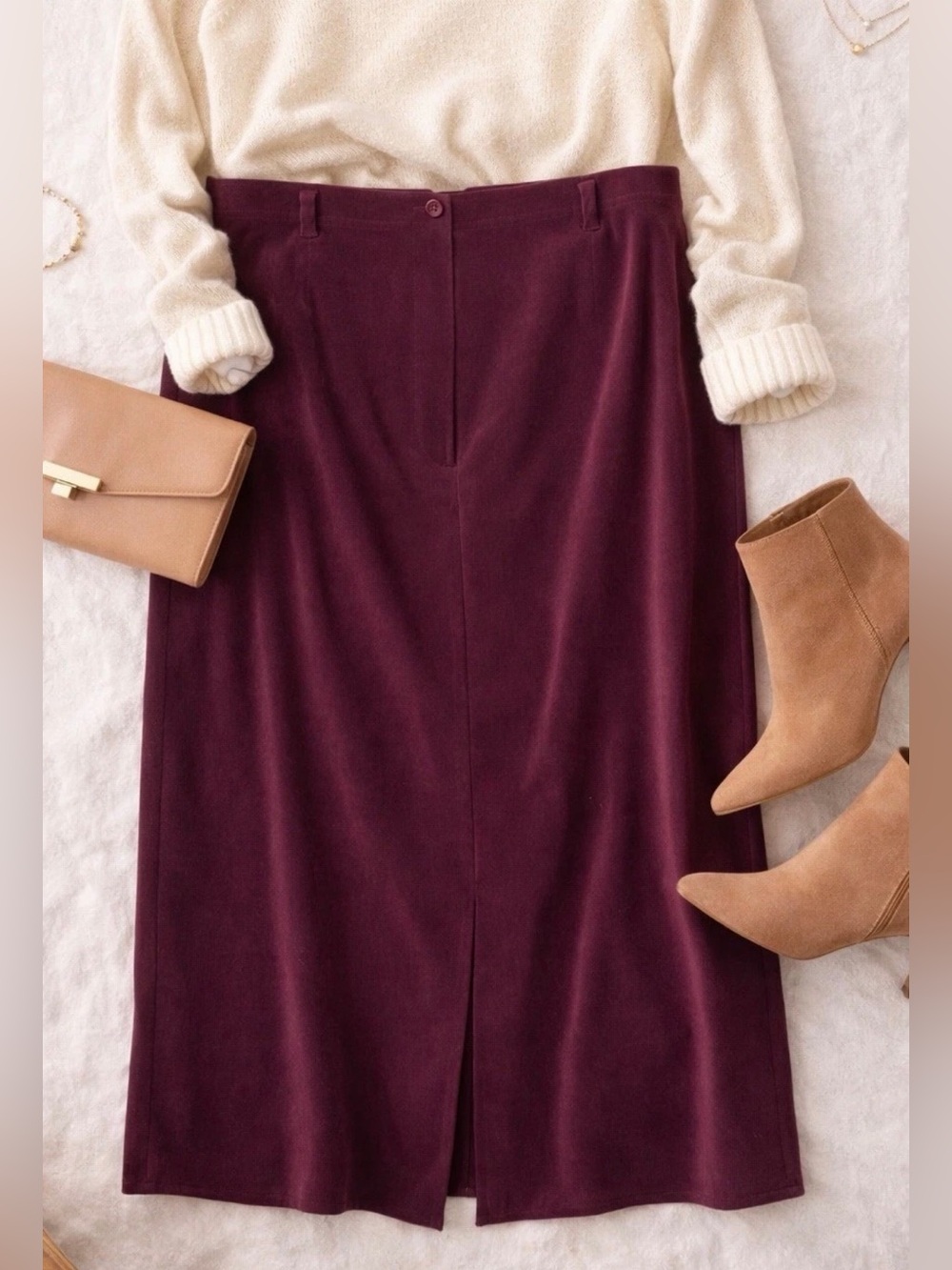 Talbots 16 Burgundy Velvet Midi Skirt Stretch Modest Classic A-Line Velvet Feel
